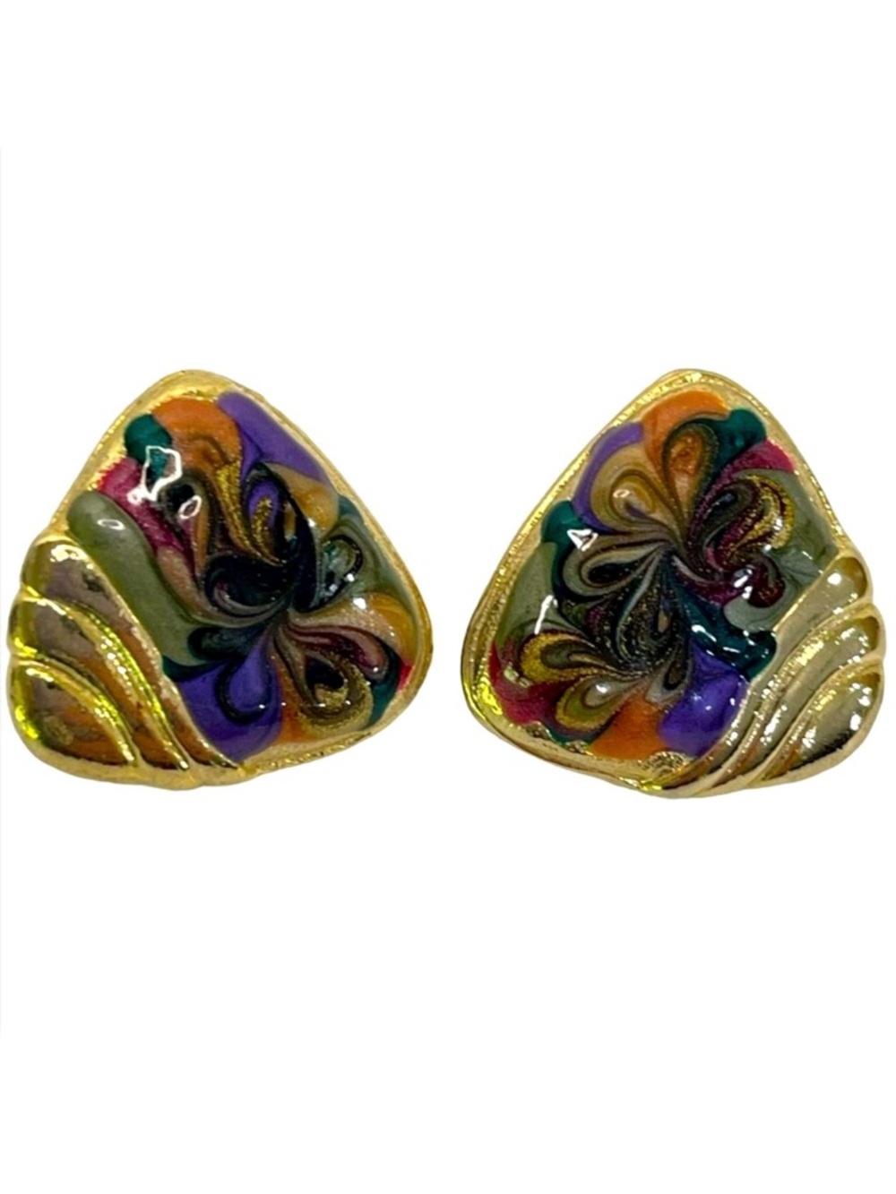 Colorful Triangular Enamel Swirl Pierced Post Earrings Gold Tone Artsy Party